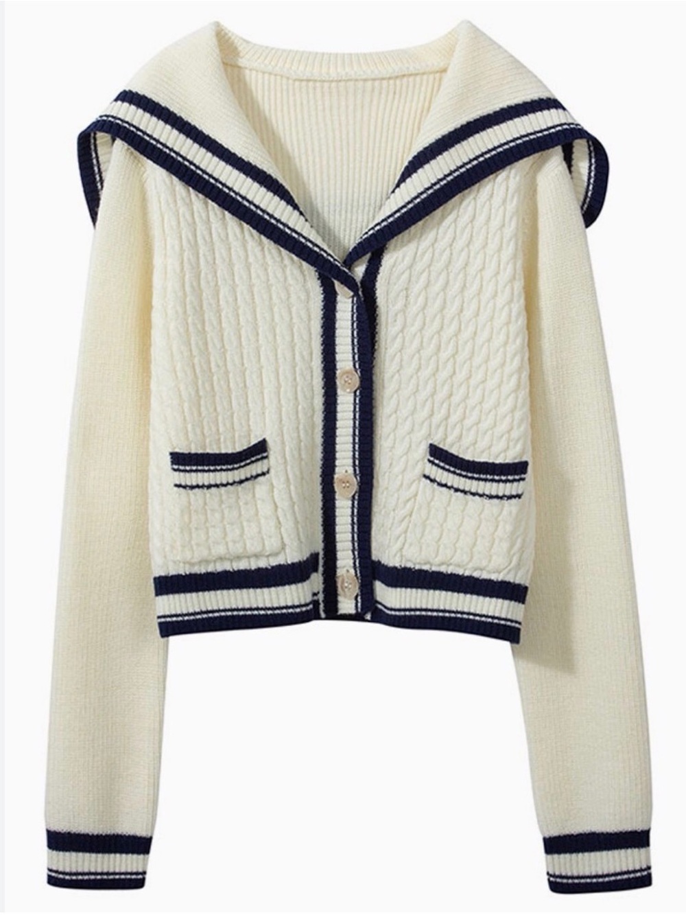 Amazon Cream Cable Knit Cardigan with Navy Trim